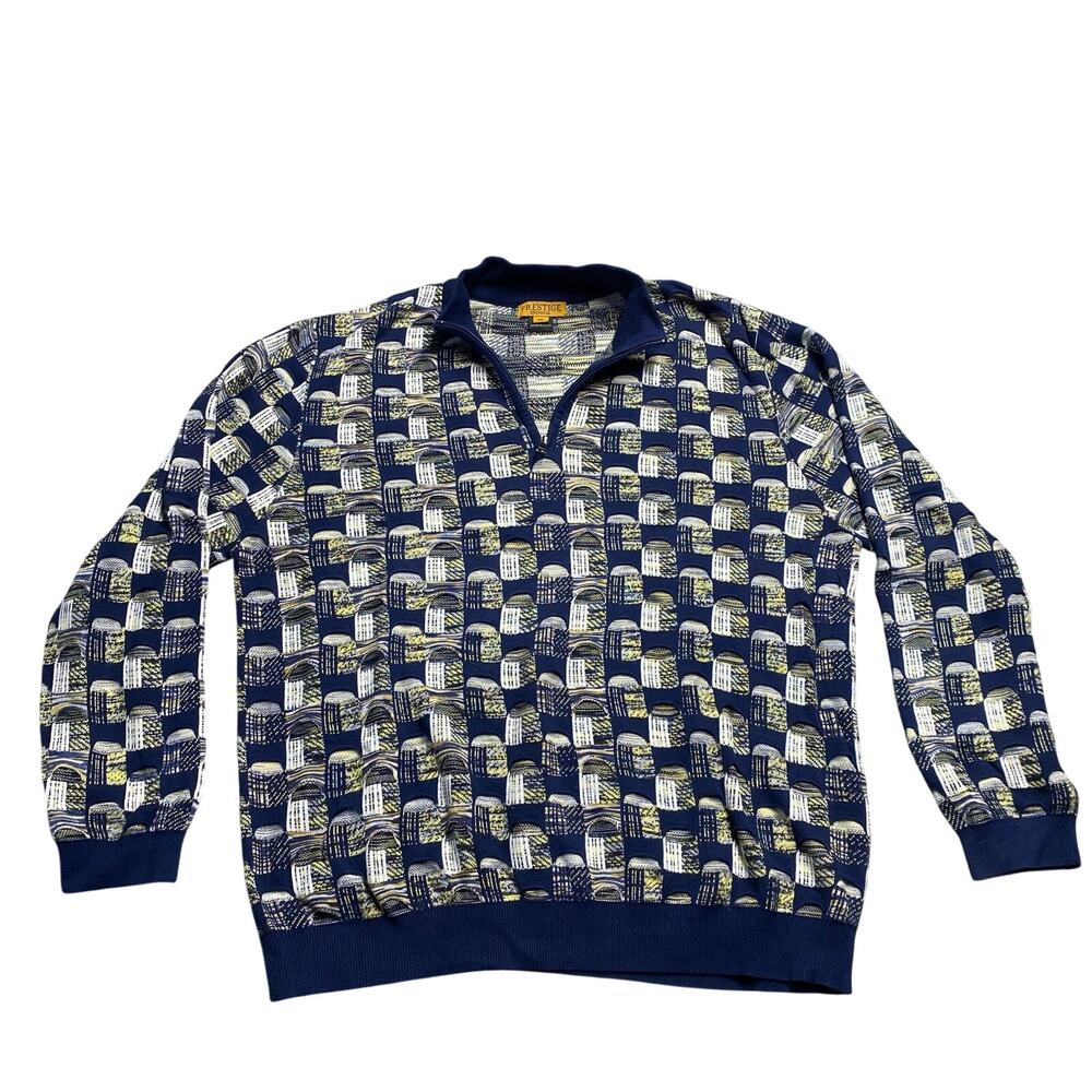 Vintage Prestige Original Navy Blue 3D Geometric 1/4 Zip Sweater Mens 4XL